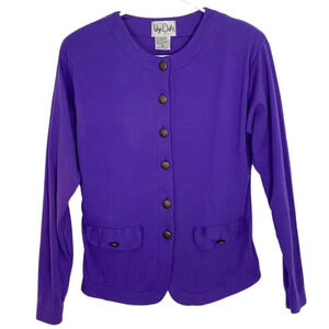 Vintage 80s Retro Granny Button Down Knit Jacket Blouse Size Small Purple